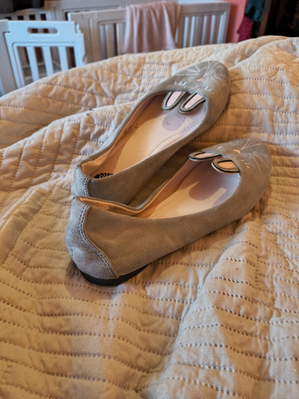 T.U.K Grey Suede Ballet Flats with Rabbit Ears And Embroidered Face. 6.5 - Picture 5 of 8